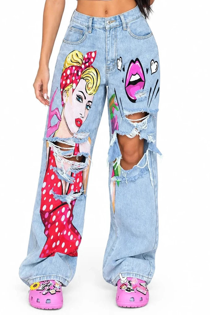 Full Size Art Print Distressed Wide-Leg Jeans Plus Size