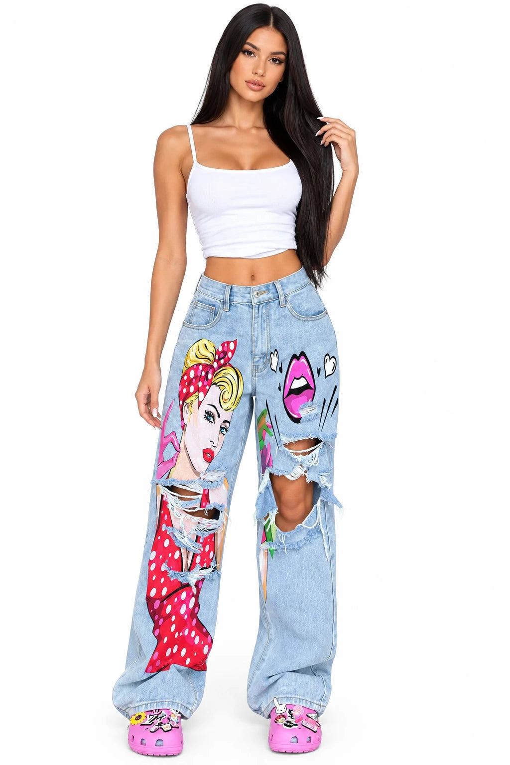 Full Size Art Print Distressed Wide-Leg Jeans Plus Size