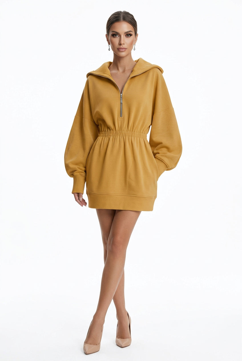 Half-Zip Hooded Gathered-Waist Mini Sweatshirt Dress in Yellow