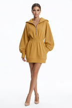 Half-Zip Hooded Gathered-Waist Mini Sweatshirt Dress in Yellow