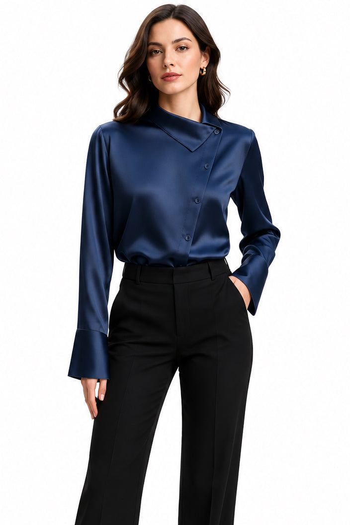 Satin Asymmetric Collar Long Sleeve Blouse – Women's Elegant Office & Evening Top