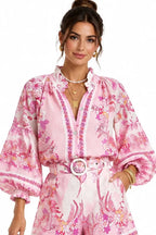 Floral Print Button-Down Shirt and Belted Shorts Two-Piece Set