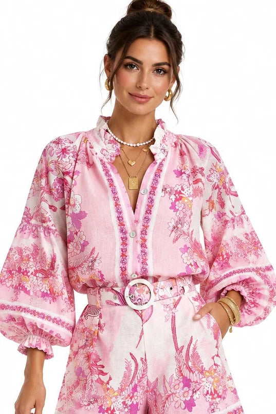 Floral Print Button-Down Shirt and Belted Shorts Two-Piece Set