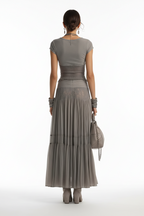 Women's Gray Knit Top & Chiffon Maxi Skirt Set – Elegant Two-Piece Outfit