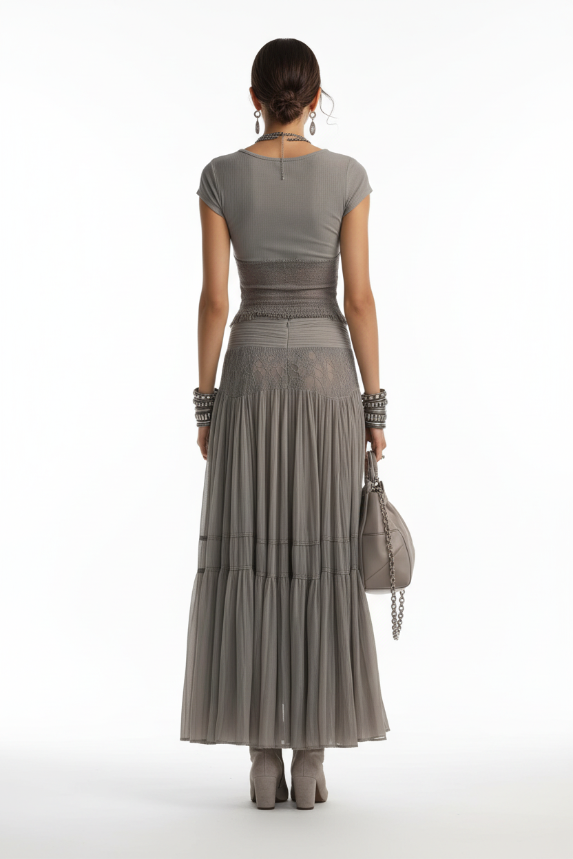 Women's Gray Knit Top & Chiffon Maxi Skirt Set – Elegant Two-Piece Outfit