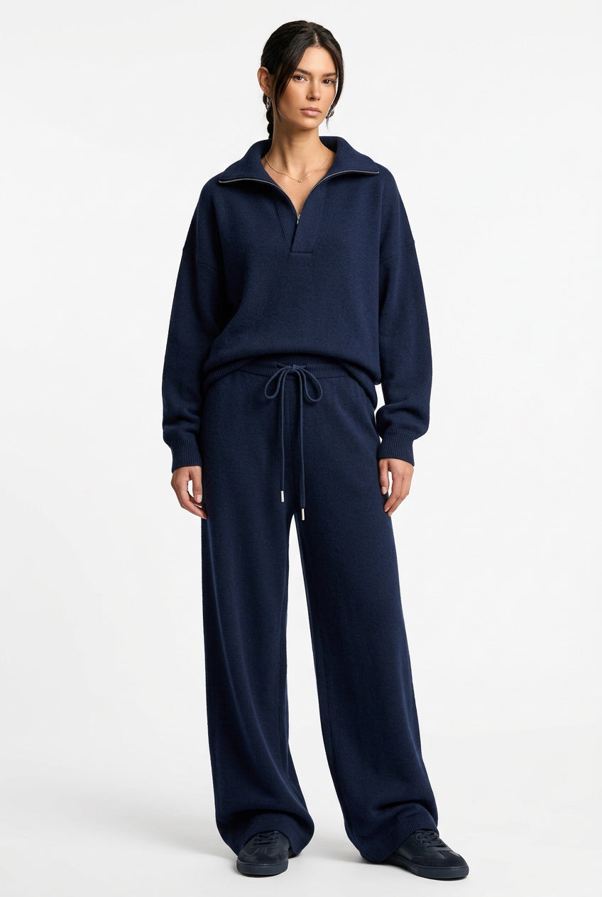 Relaxed Collared Top & Drawstring Straight-Leg Pants Set in Navy Blue