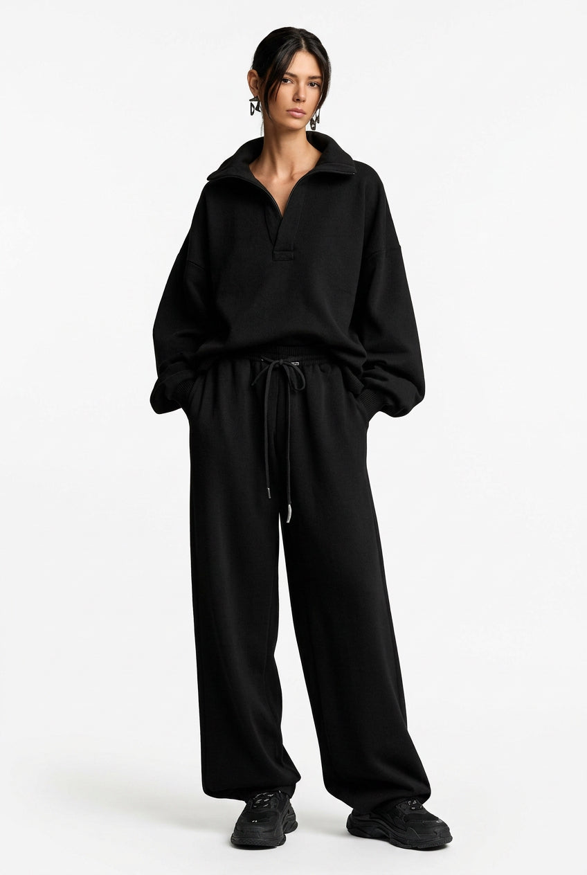 Relaxed Collared Top & Drawstring Straight-Leg Pants Set in Black