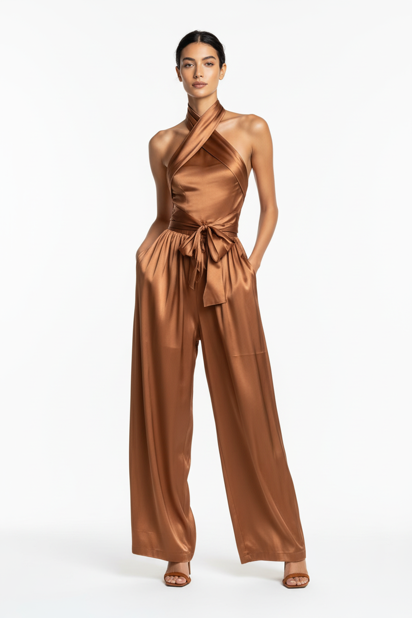 Women's Satin Waist-Cinching Slit Strap Evening Dress – Elegant Solid Color Gown