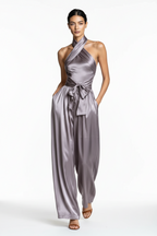 Women's Satin Waist-Cinching Slit Strap Evening Dress – Elegant Solid Color Gown