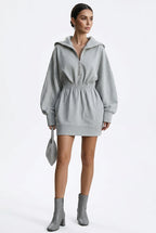 Half-Zip Hooded Gathered-Waist Mini Sweatshirt Dress – view 5