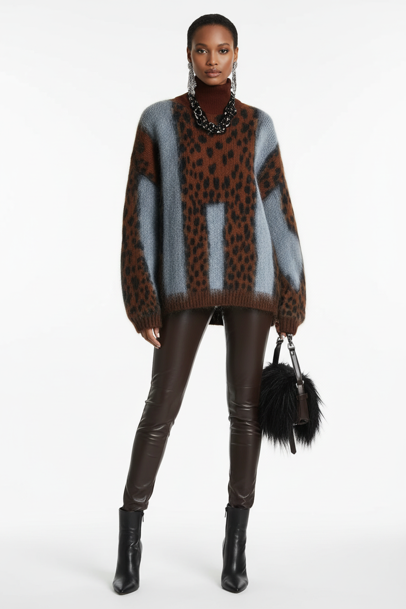Leopard Print Loose Retro Knit Spliced Sweater Top