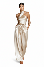 Women's Satin Waist-Cinching Slit Strap Evening Dress – Elegant Solid Color Gown