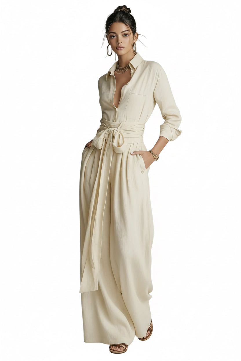 High Waist Short-Sleeve Top & Wide-Leg Pants Set in Apricot