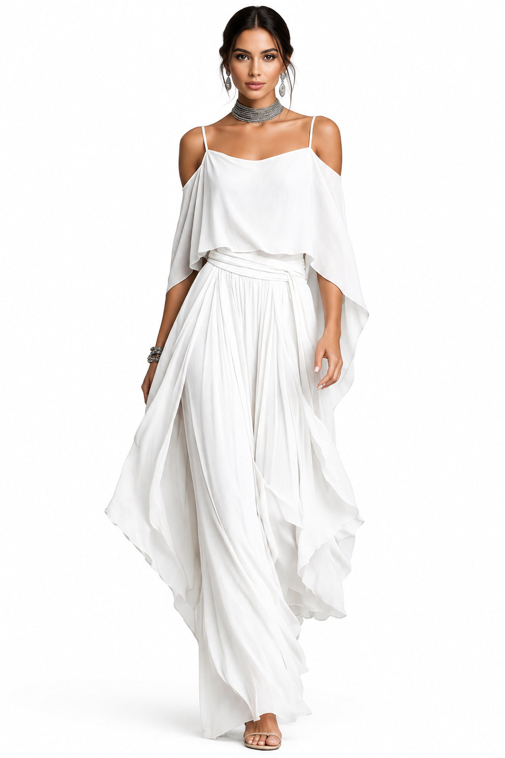 Gray Chiffon Off-Shoulder Cami & Wide-Leg Pants Set in White