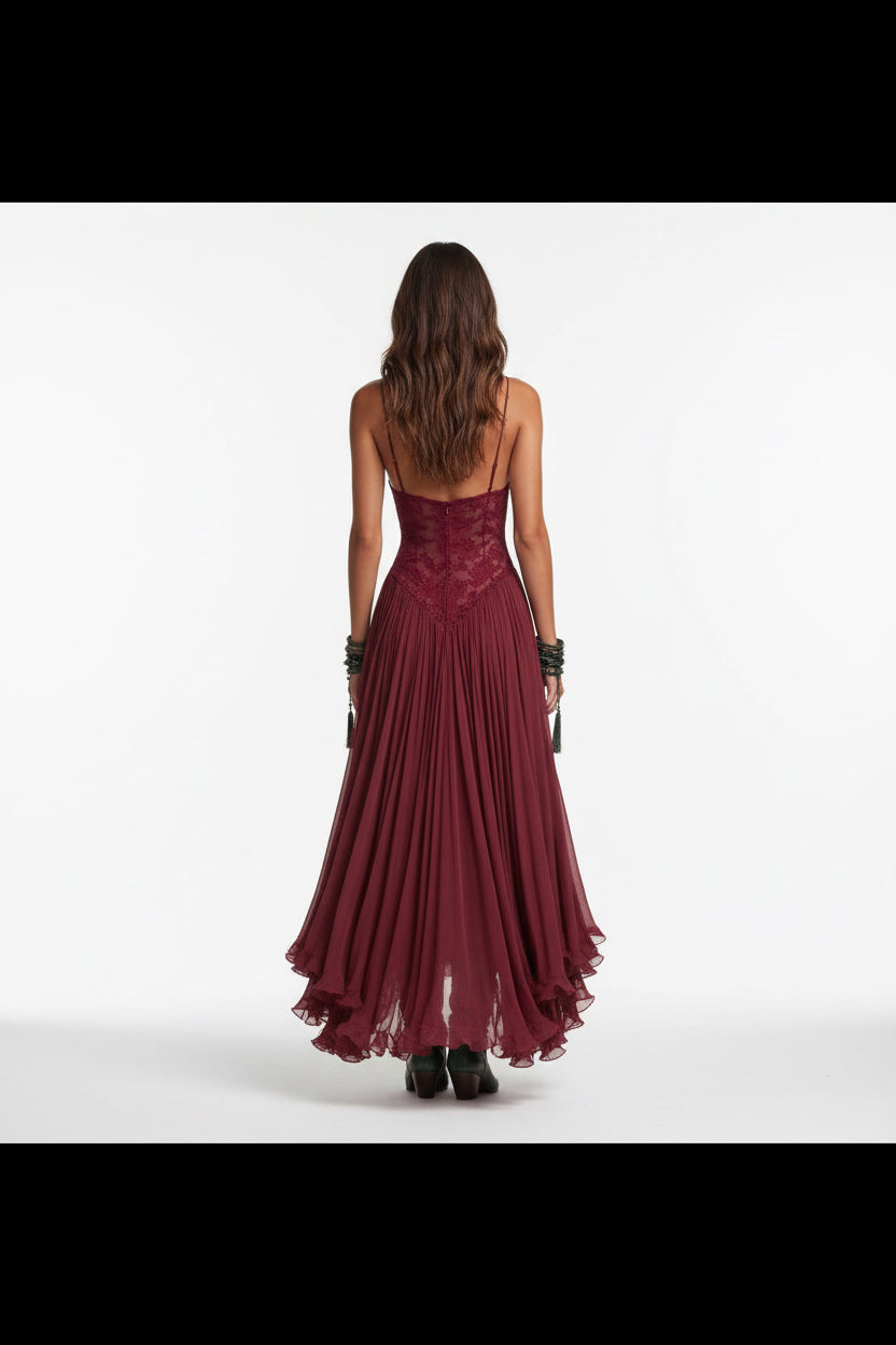 Women's Chiffon Printed Spaghetti Strap Maxi Dress – Slim Fit Retro Flowing Dress