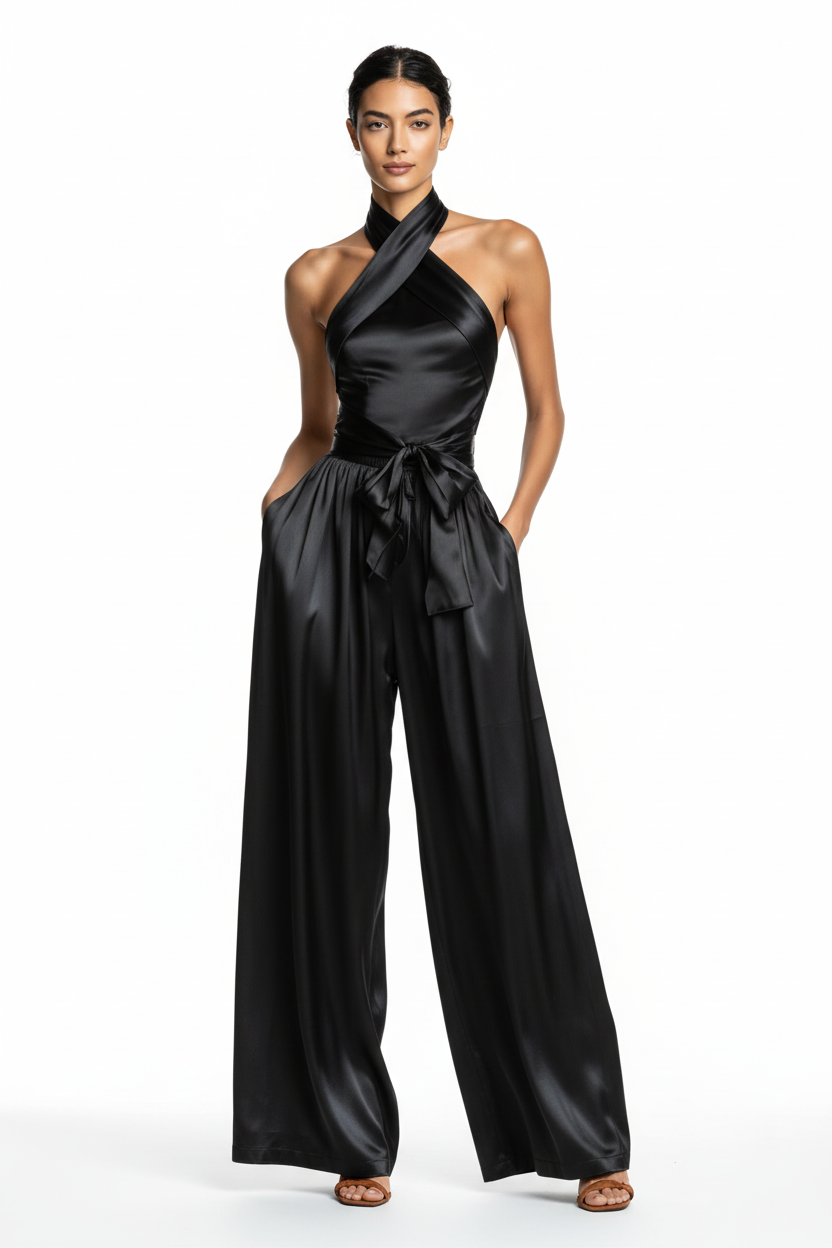 Women's Satin Waist-Cinching Slit Strap Evening Dress – Elegant Solid Color Gown