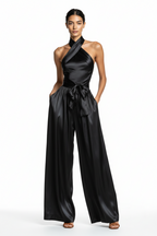 Women's Satin Waist-Cinching Slit Strap Evening Dress – Elegant Solid Color Gown