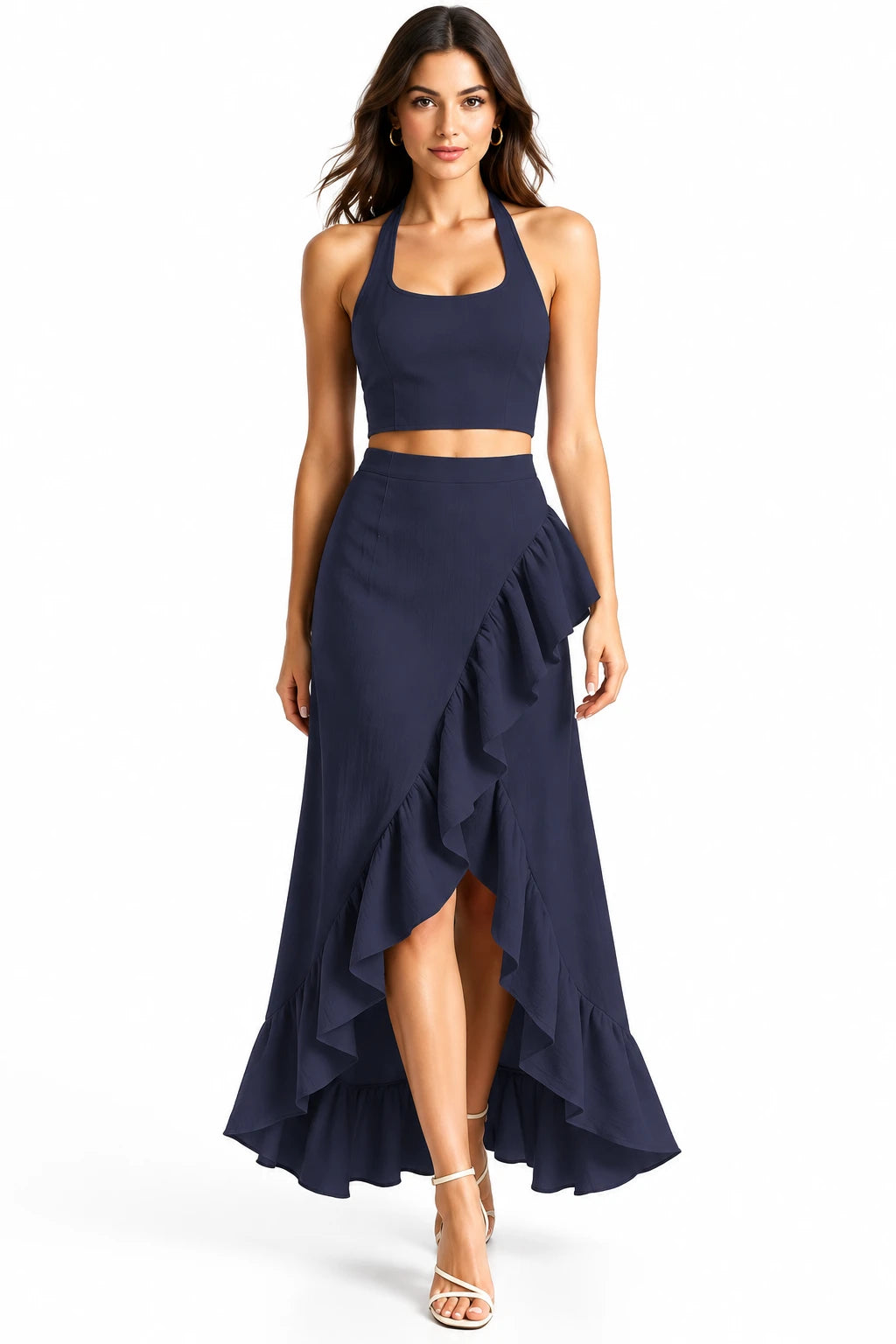 Halter Neck Crop Top and High-Low Maxi Skirt Two-Piece Set in Navy