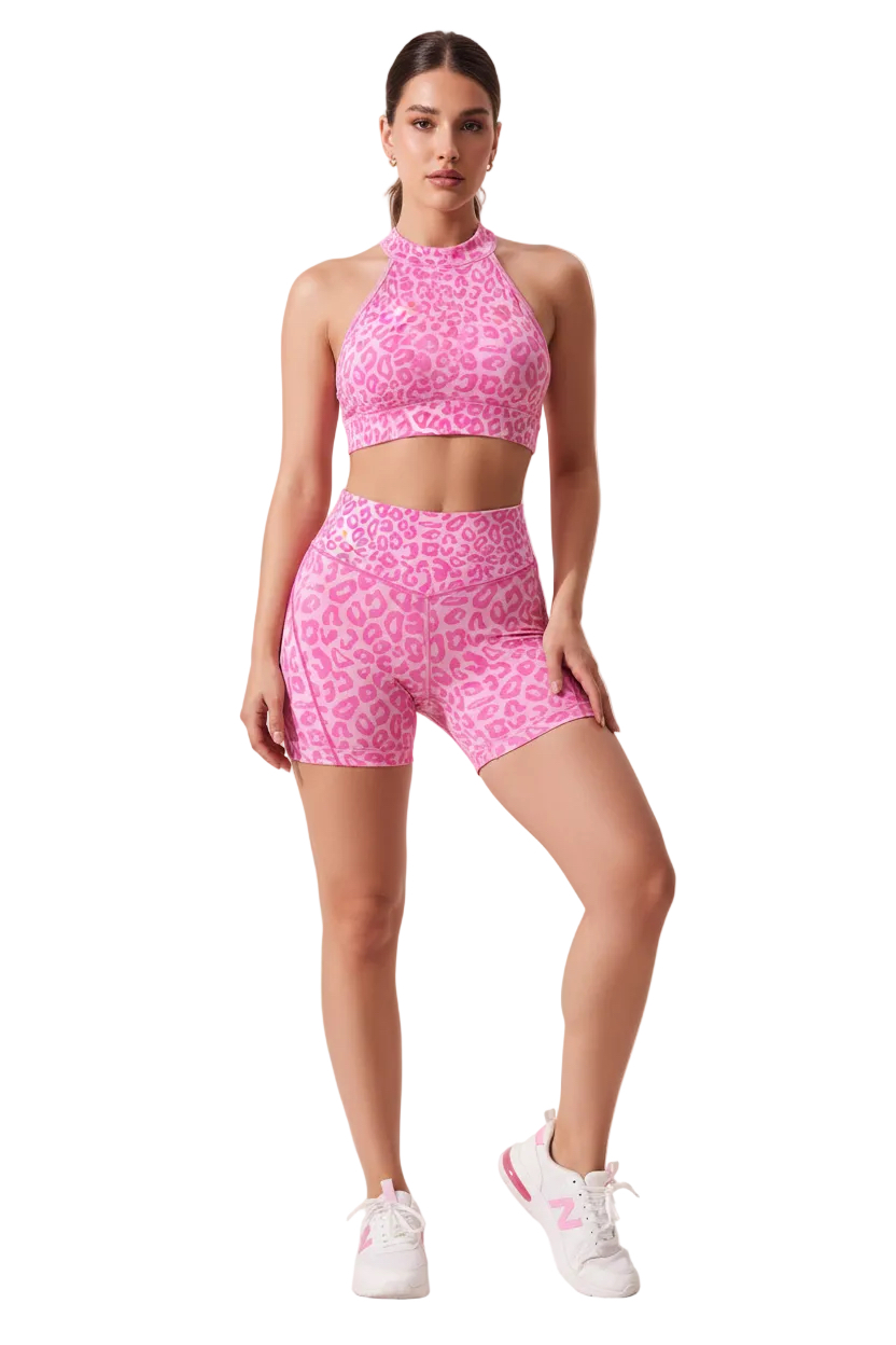 Leopard Print Halter Neck Backless Sports & Cycling Set