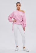 Off-Shoulder Tie-Hem Long-Sleeve Sweatshirt in Pink