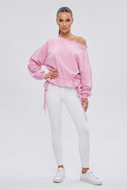 Off-Shoulder Tie-Hem Long-Sleeve Sweatshirt in Pink