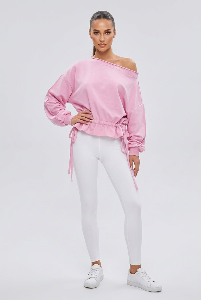 Off-Shoulder Tie-Hem Long-Sleeve Sweatshirt in Pink