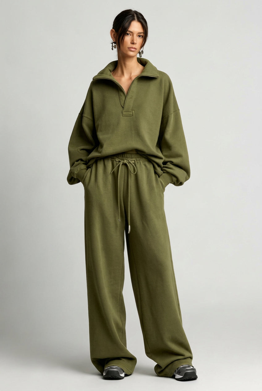 Relaxed Collared Top & Drawstring Straight-Leg Pants Set in Army Green