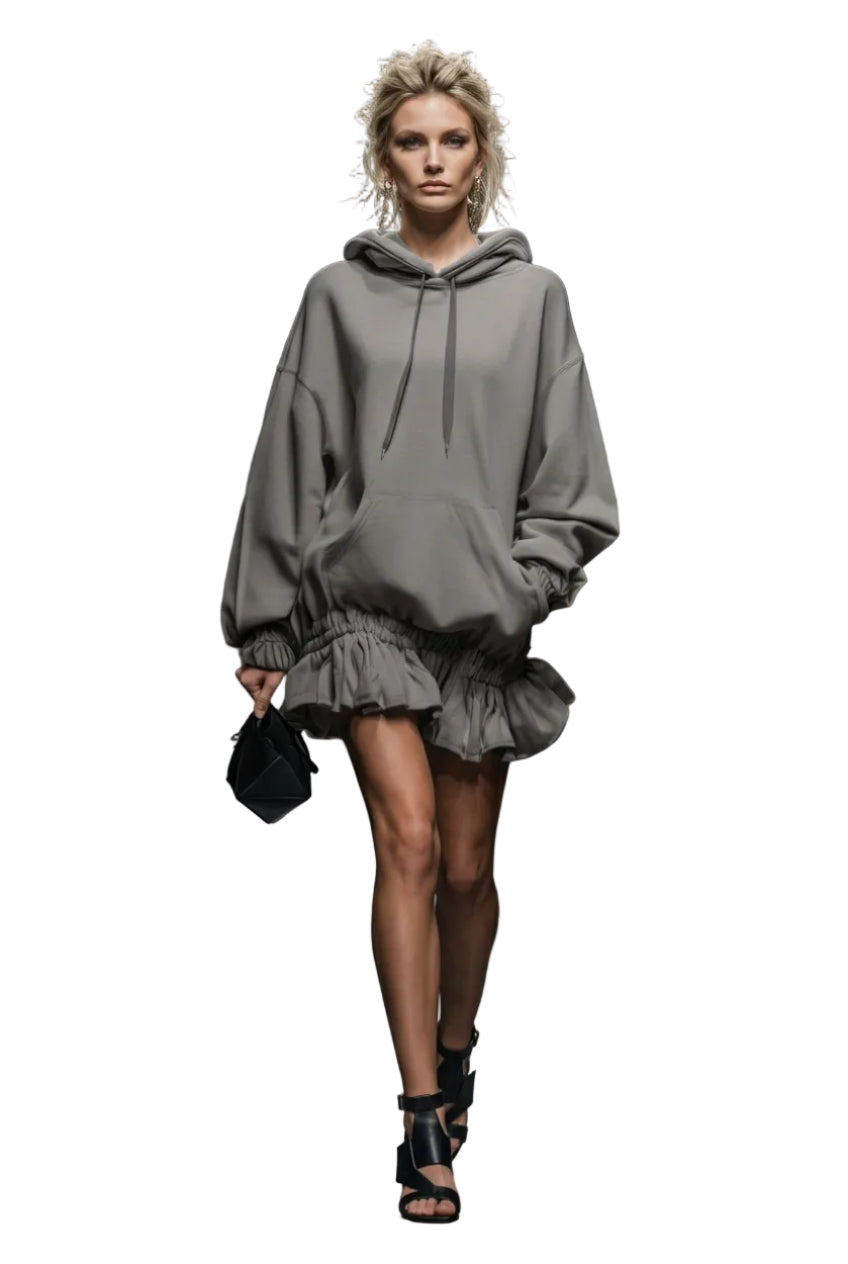 Gray Hooded Ruffle-Hem Mini Sweatshirt Dress – view 2