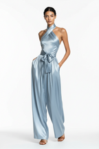Women's Satin Waist-Cinching Slit Strap Evening Dress – Elegant Solid Color Gown