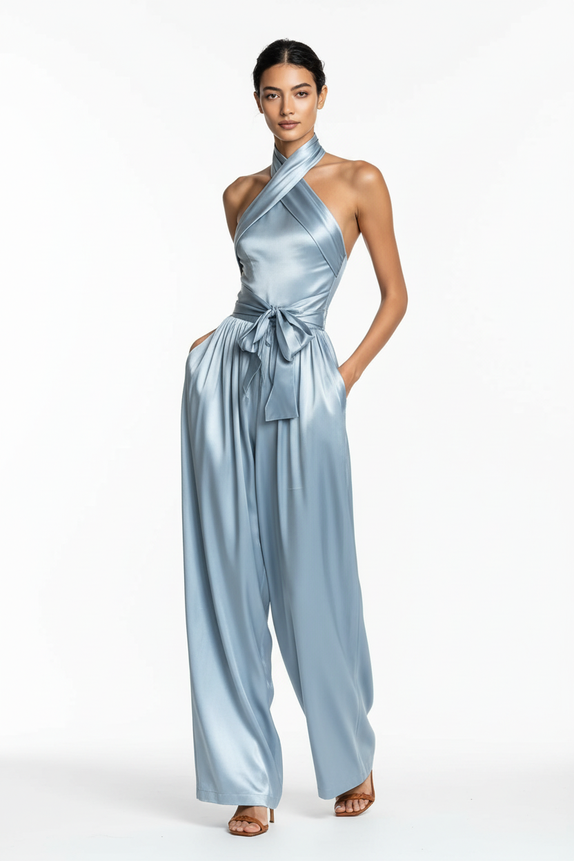 Women's Satin Waist-Cinching Slit Strap Evening Dress – Elegant Solid Color Gown
