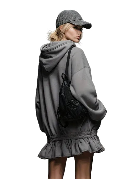 Gray Hooded Ruffle-Hem Mini Sweatshirt Dress – view 3