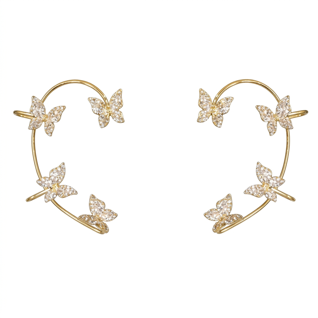 Gold-tone butterfly ear cuff pair with clear sparkling accents