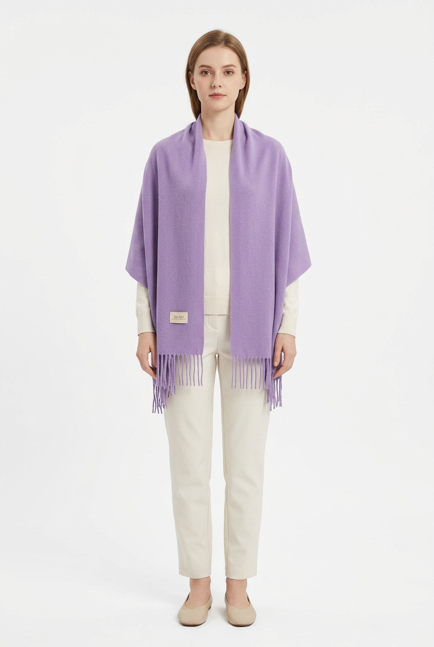 Light Purple fringed scarf styled as a shawl on a full-length model