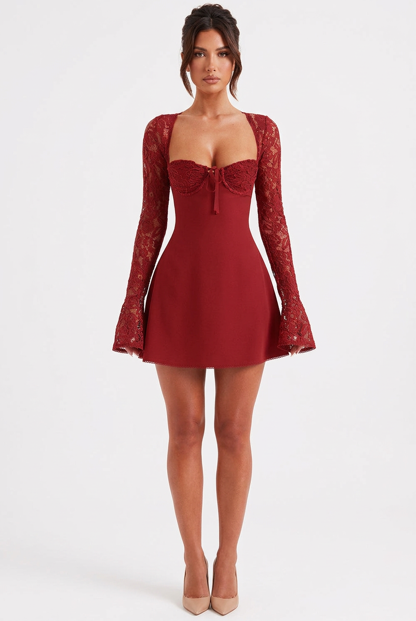 Wine Red lace-sleeve corset-style mini dress, front view