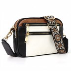 White Black Brown colorblock crossbody bag with floral strap