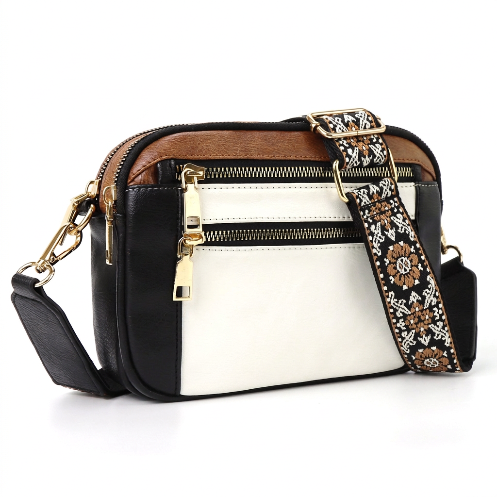 White Black Brown colorblock crossbody bag with floral strap