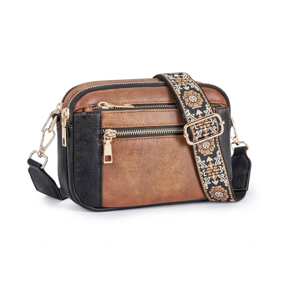 Black Brown colorblock crossbody bag with floral strap