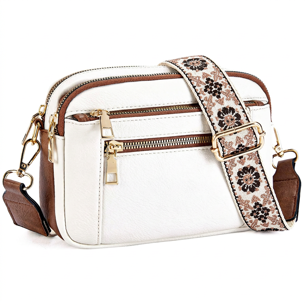 White With Brown crossbody bag with floral strap