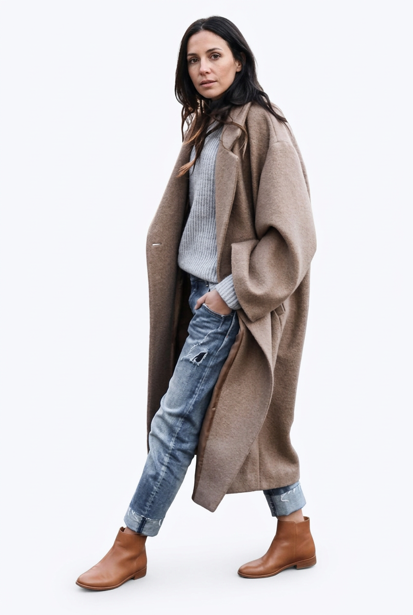 Long Notched-Lapel Coat – Khaki
