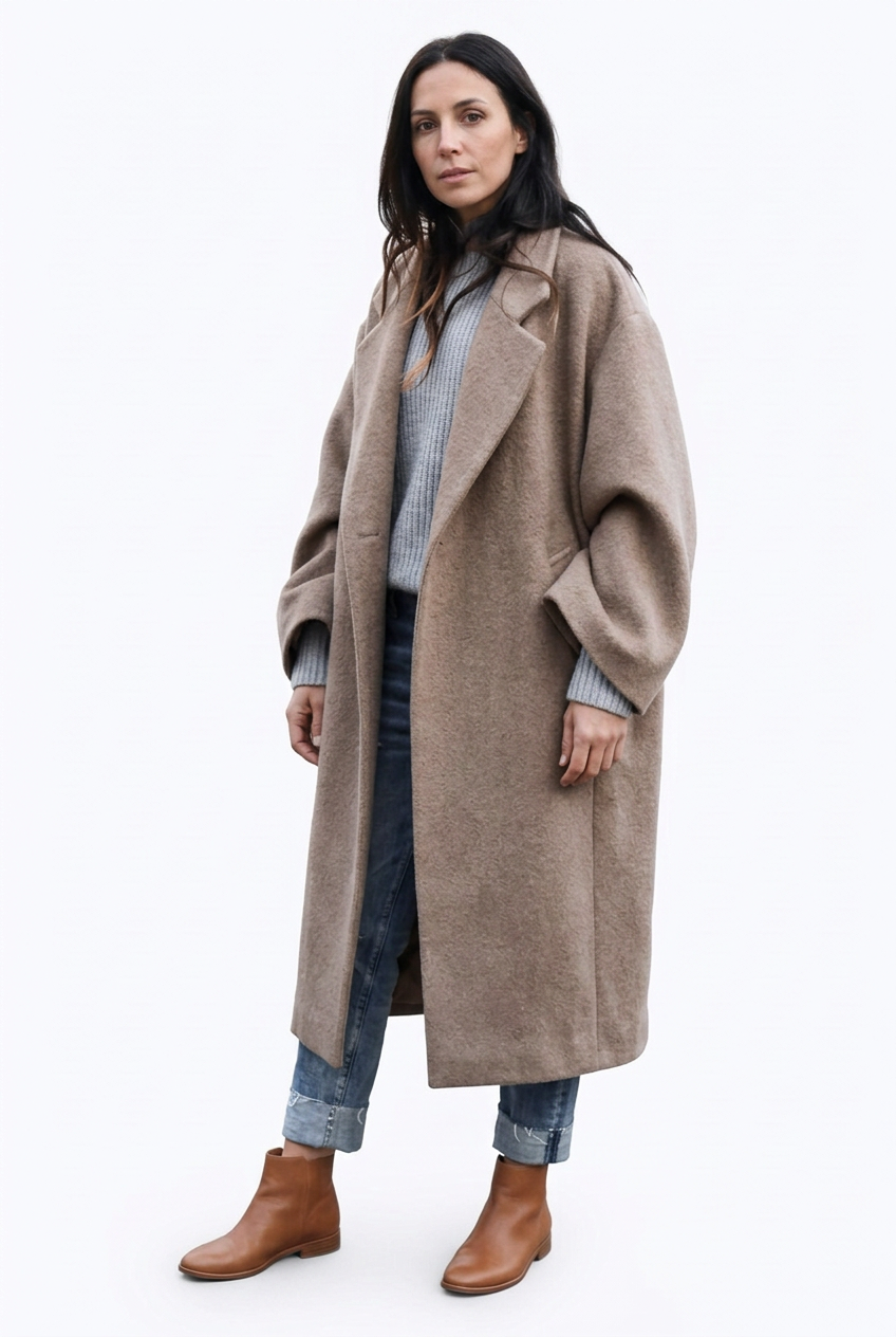 Long Notched-Lapel Coat – Khaki
