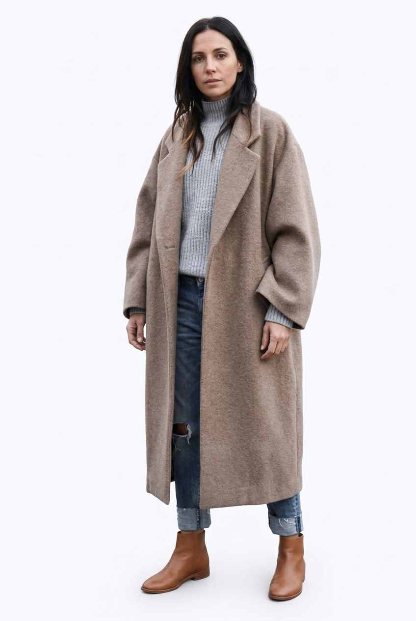 Long Notched-Lapel Coat – Khaki