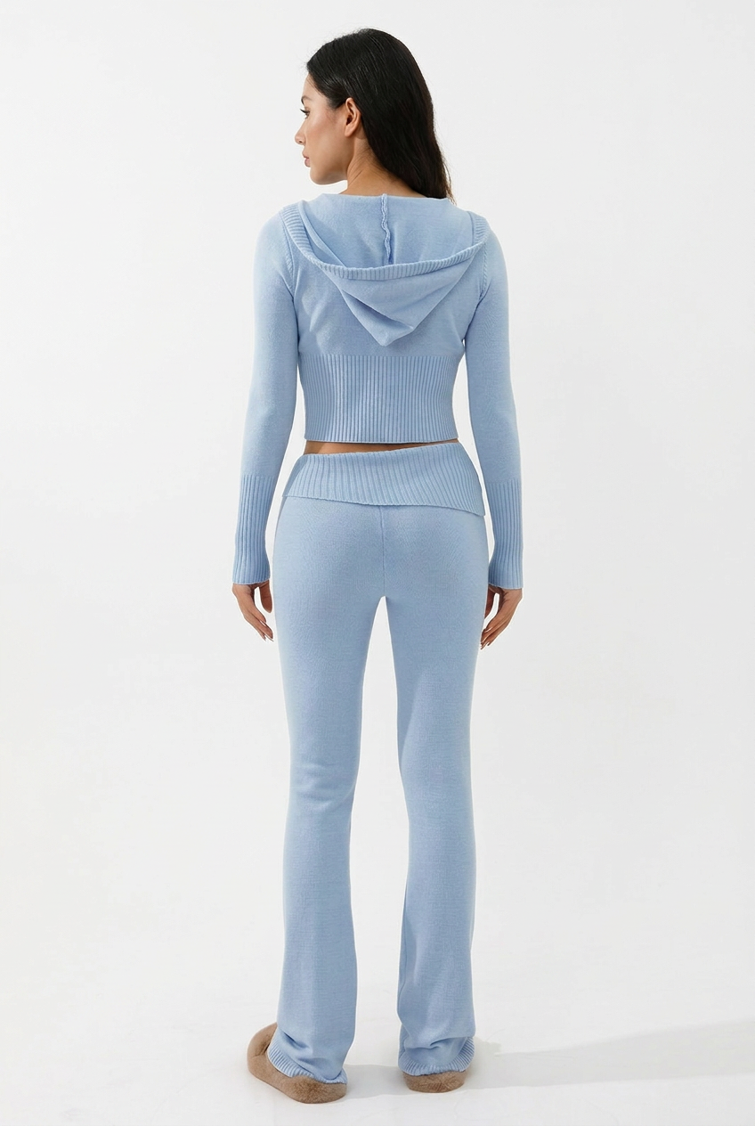 Cropped Knit Zip Hoodie & Flared Pants Set