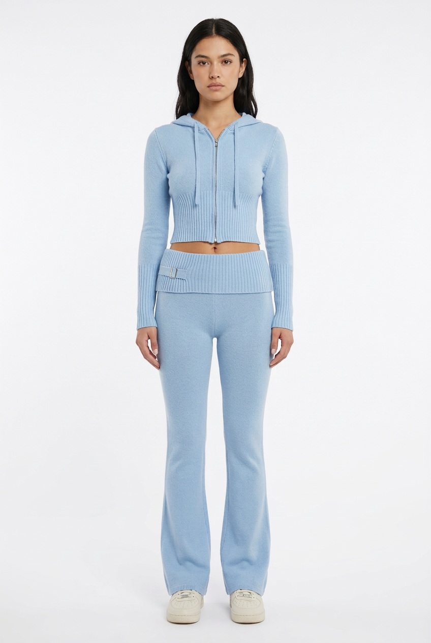 Cropped Knit Zip Hoodie & Flared Pants Set
