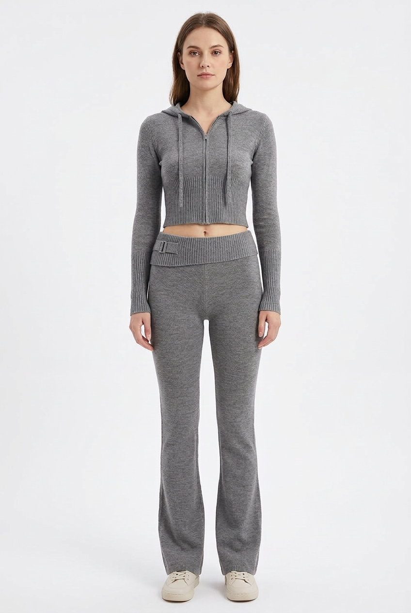 Cropped Knit Zip Hoodie & Flared Pants Set