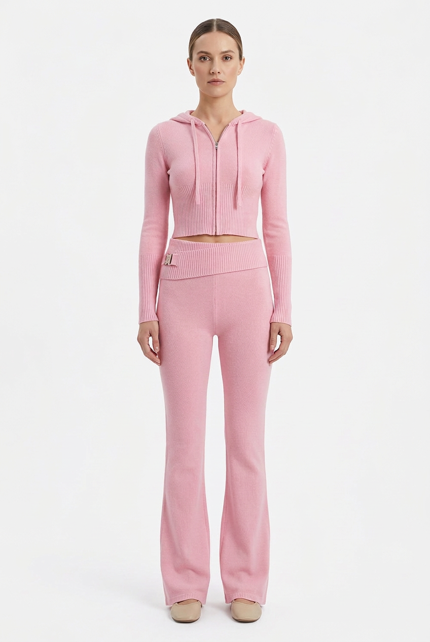 Cropped Knit Zip Hoodie & Flared Pants Set