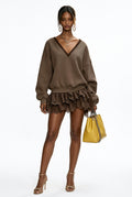Brown V-Neck Lace-Ruffle Hem Knit Mini Dress – view 3