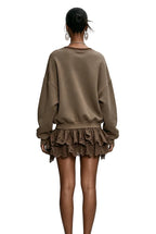 Brown V-Neck Lace-Ruffle Hem Knit Mini Dress – view 4