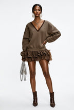 Brown V-Neck Lace-Ruffle Hem Knit Mini Dress – view 5