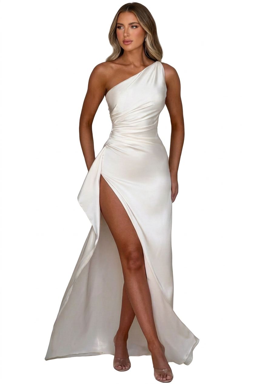 One-Shoulder Satin Maxi Dress with Draped Slit