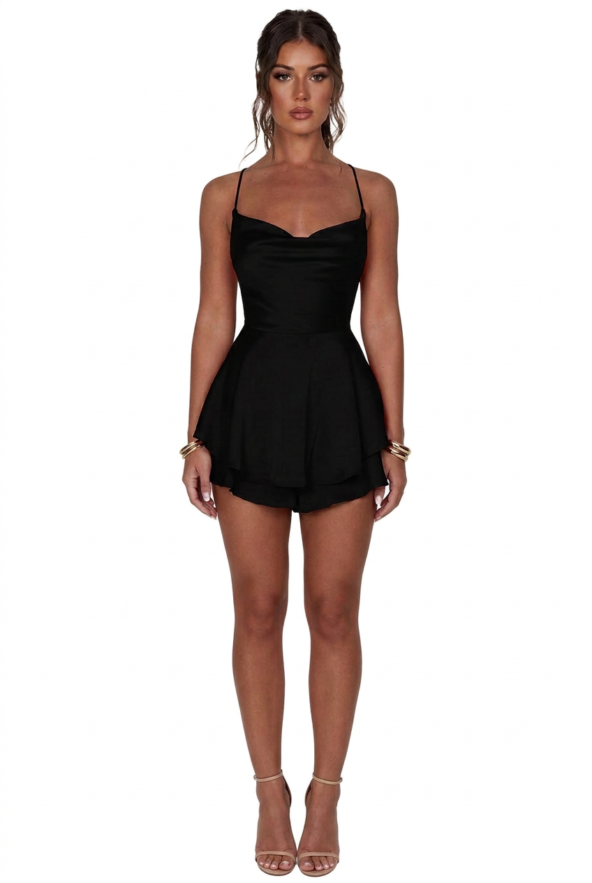 Satin Cowl-Neck Lace-Up Back Mini Dress